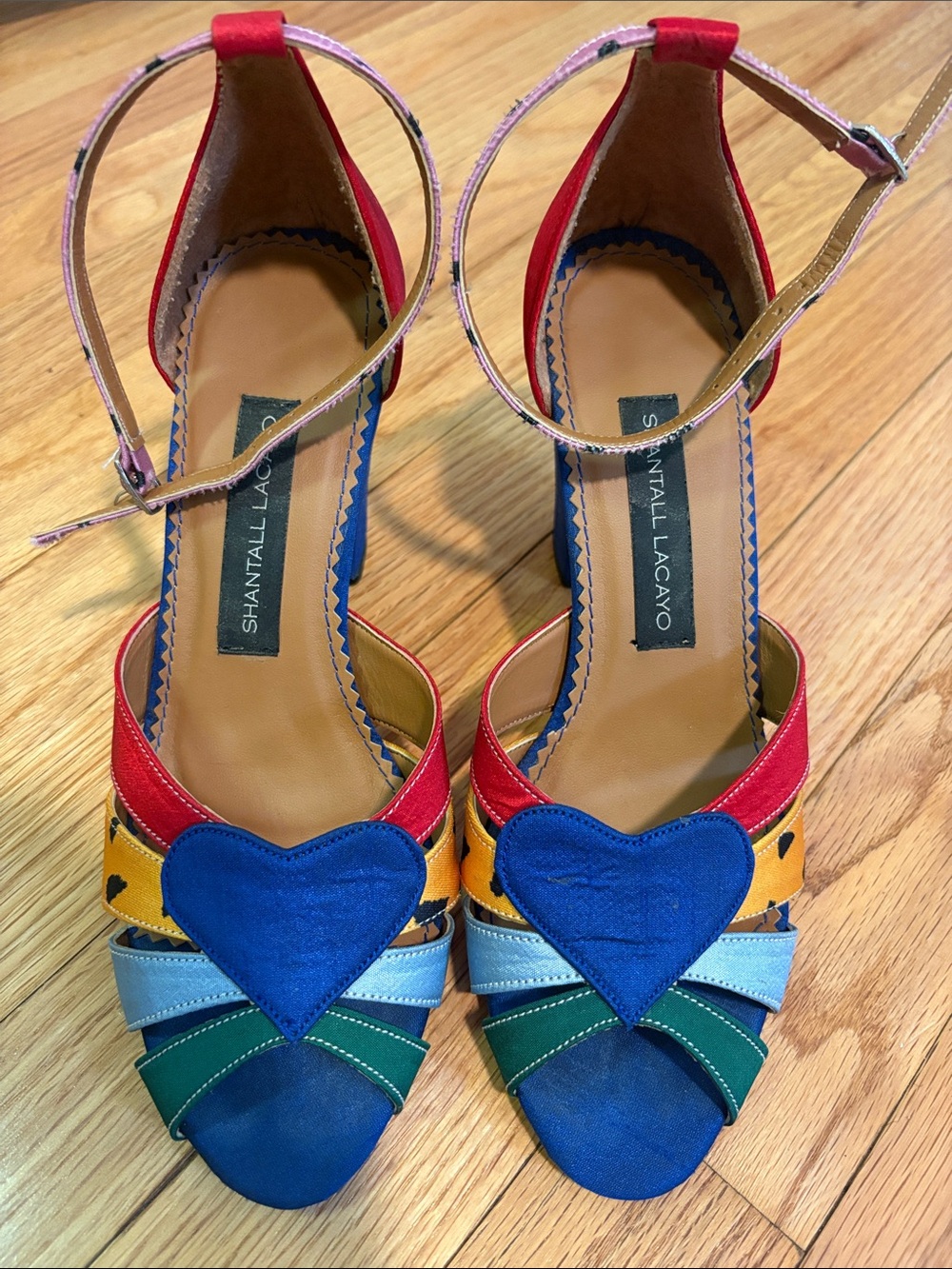Shantall Lacayo Project Runway Raw Silk Heels Heart Rainbow Ankle-Strap Sandals